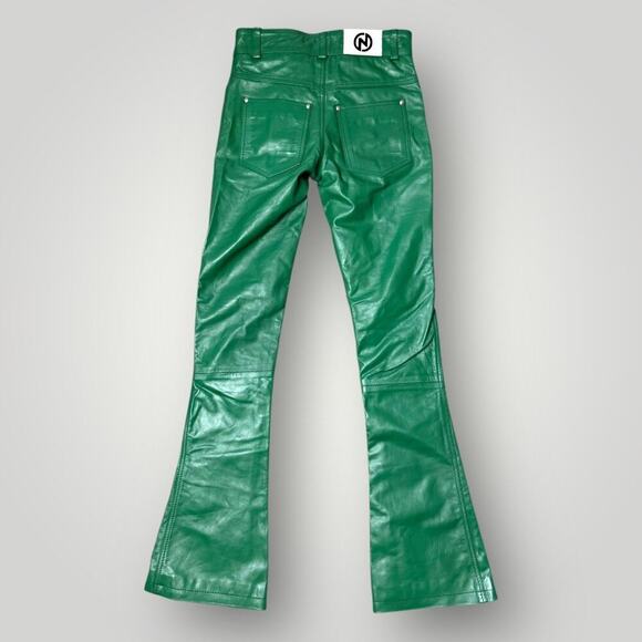 NYRVA Green Genuine Leather Flare Pants Size 28 High Waist Retro Y2K- L34 - Picture 2 of 11